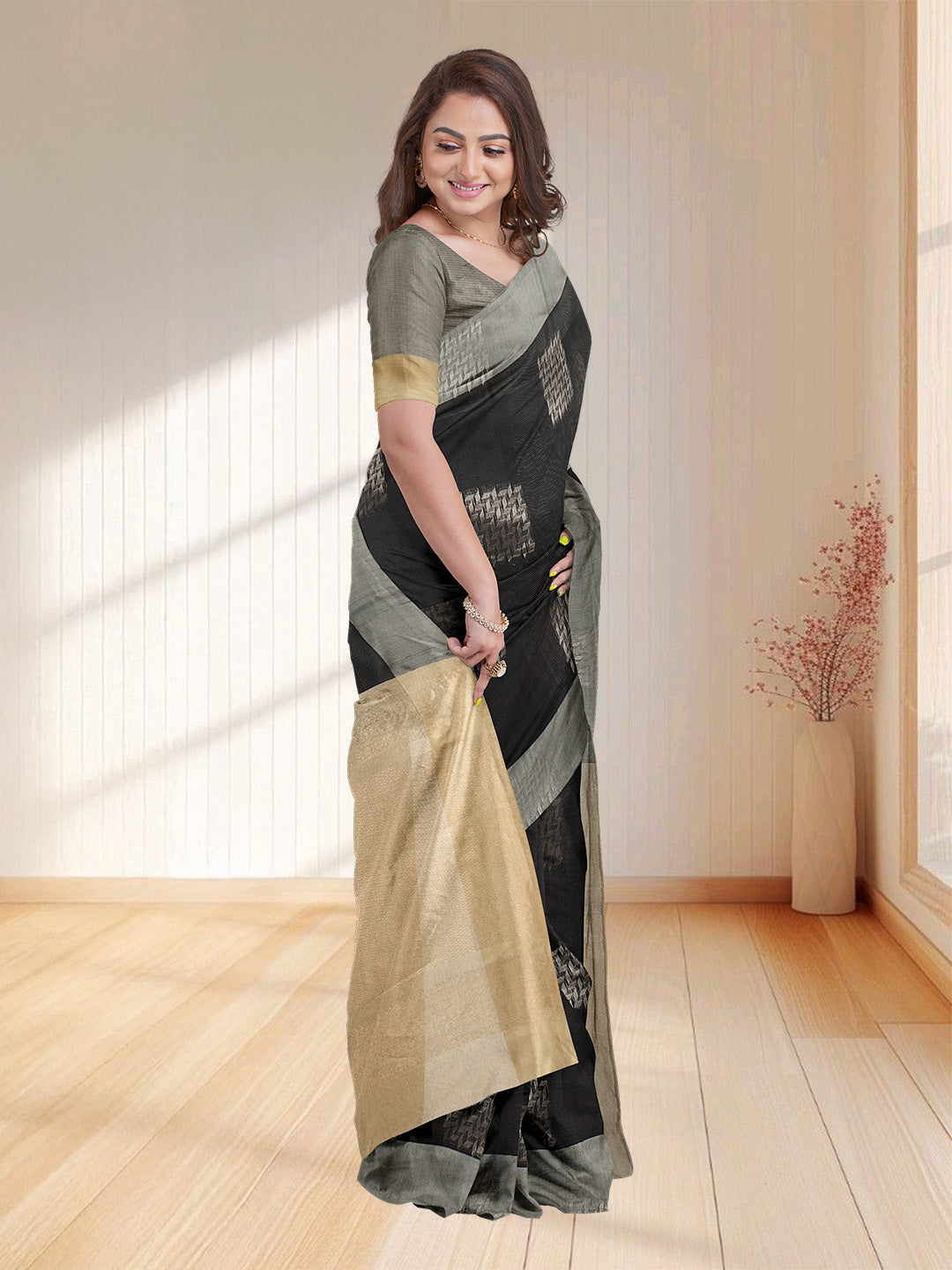Women Black Kotta Cotton Saree PCS187
