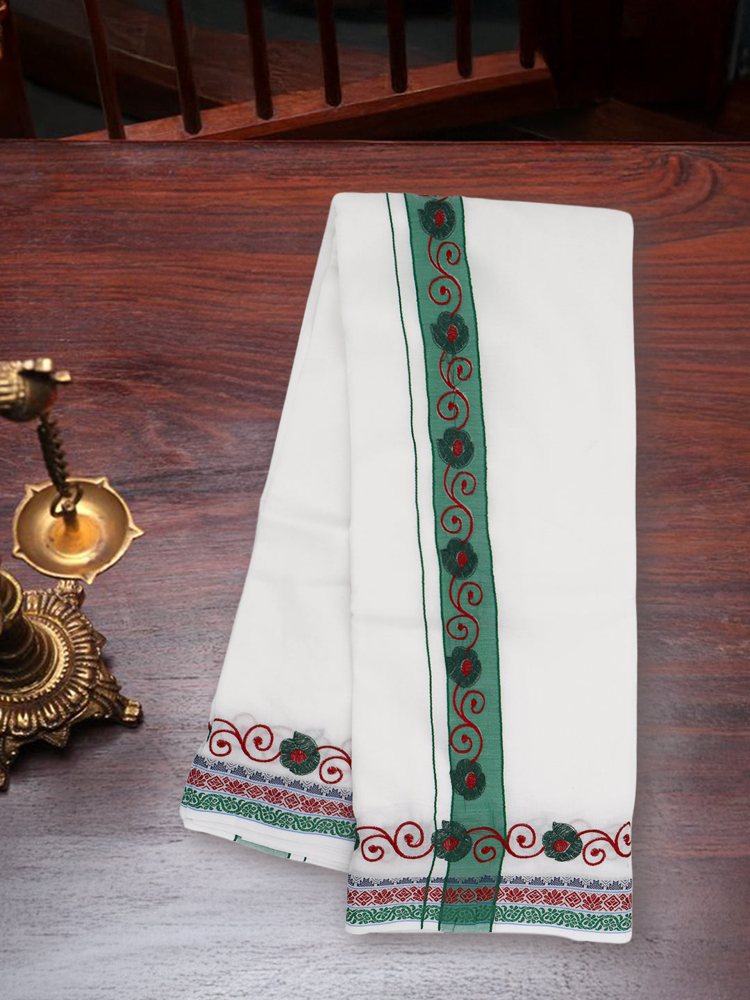 Men 100% Cotton Green Fancy Border Panchakacham Set White(9+5)