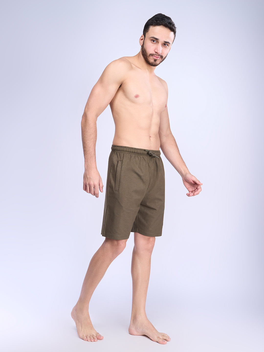 Men Olive Combed Cotton Shorts