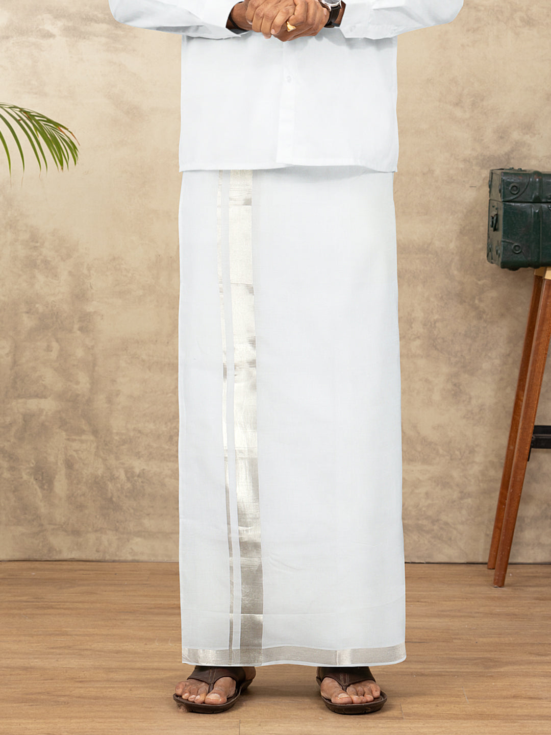 Men 100% Cotton Double Layer White Dhoti with 1 1/2" Jari Border Silver Coin