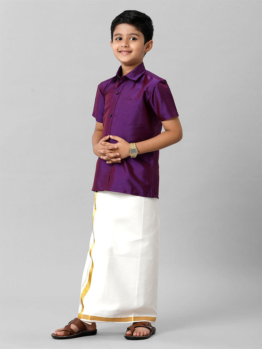 Boys Silk Cotton Violet Half Sleeves Shirt K21-Full view