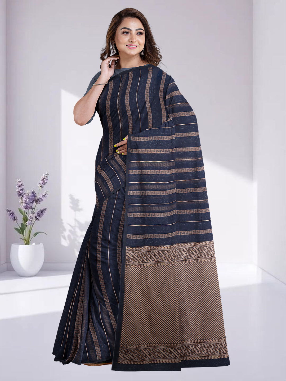 Women Navy Kora Cotton Saree PCS176