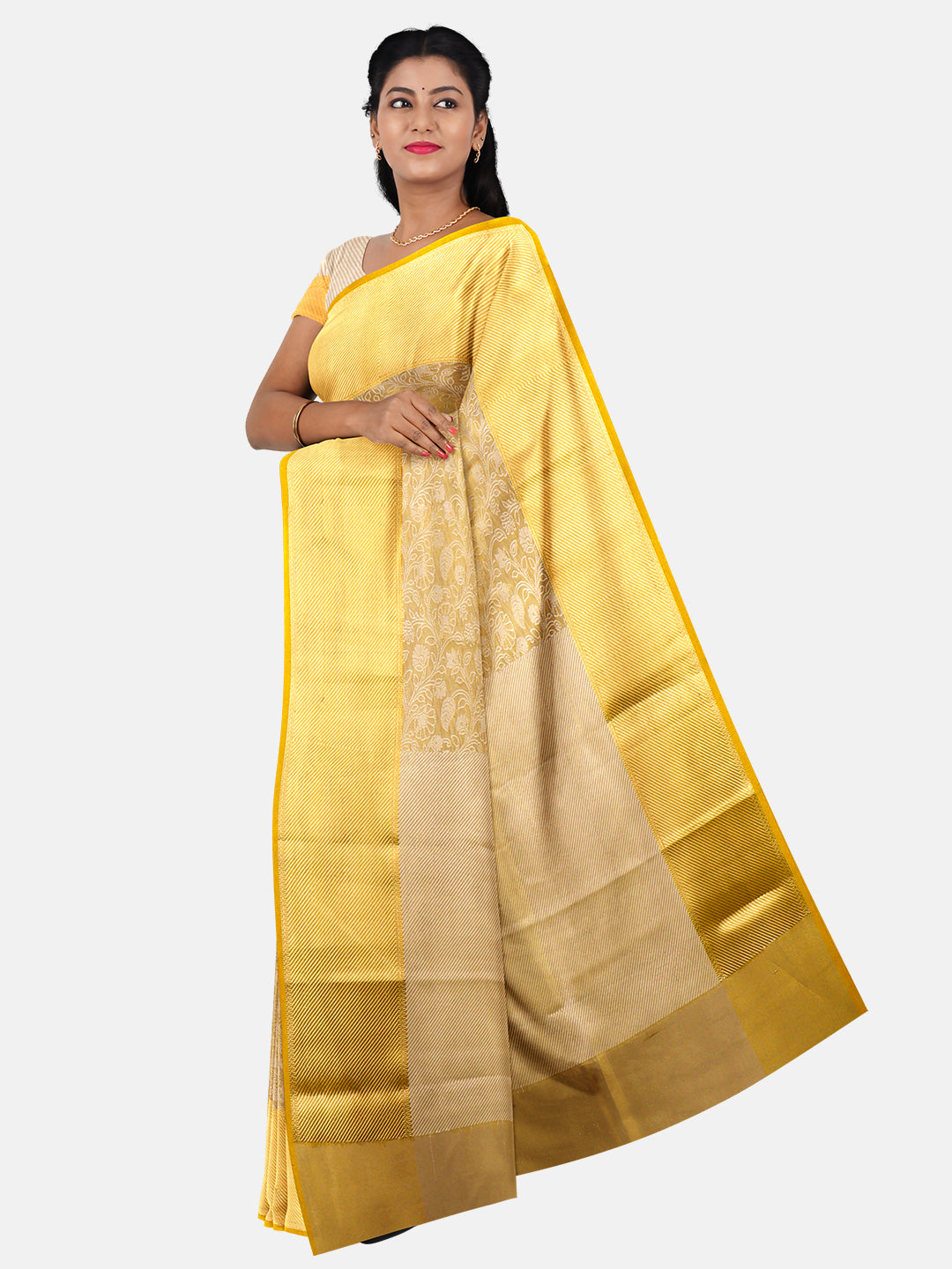 Couple Combo Art Silk Gold Shirt & Dhoti Set With Semi Silk Saree SS272