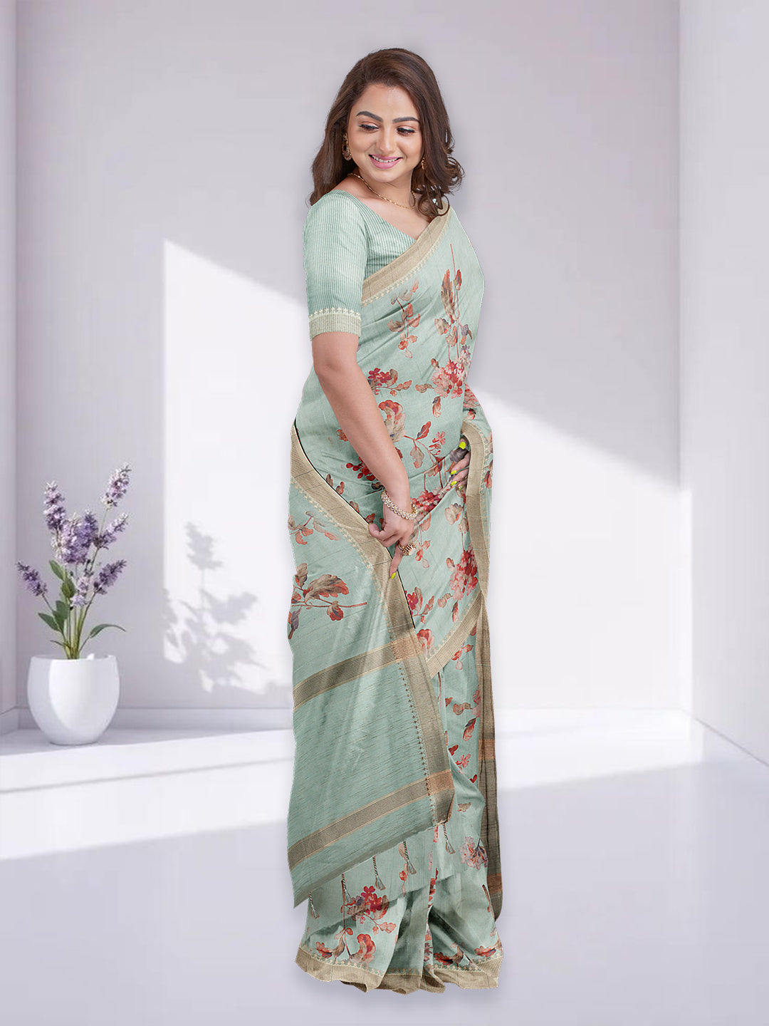 Women Green Semi Raw Silk Printed Saree SRS104