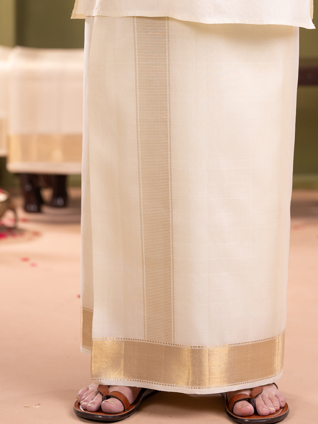 Premium Pure Silk Cream Plain Dhoti Shirting & Towel Set with 3" Jari Border – Rajadharbar