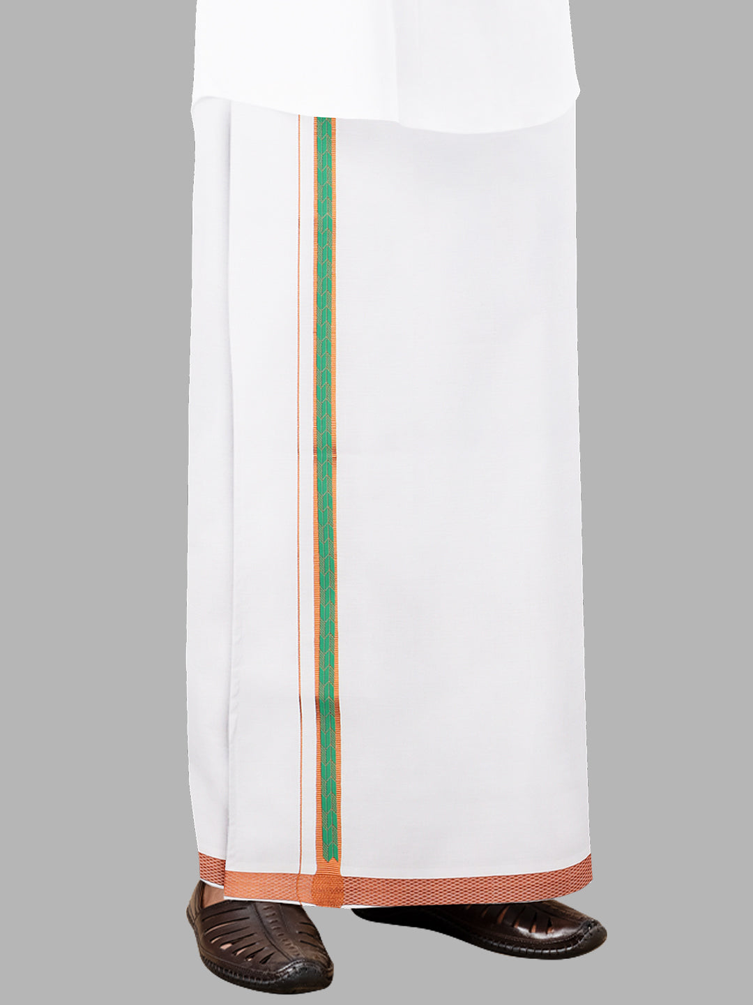 Men White with Green Fancy Jari Border Single Layer Dhoti Roxy R02