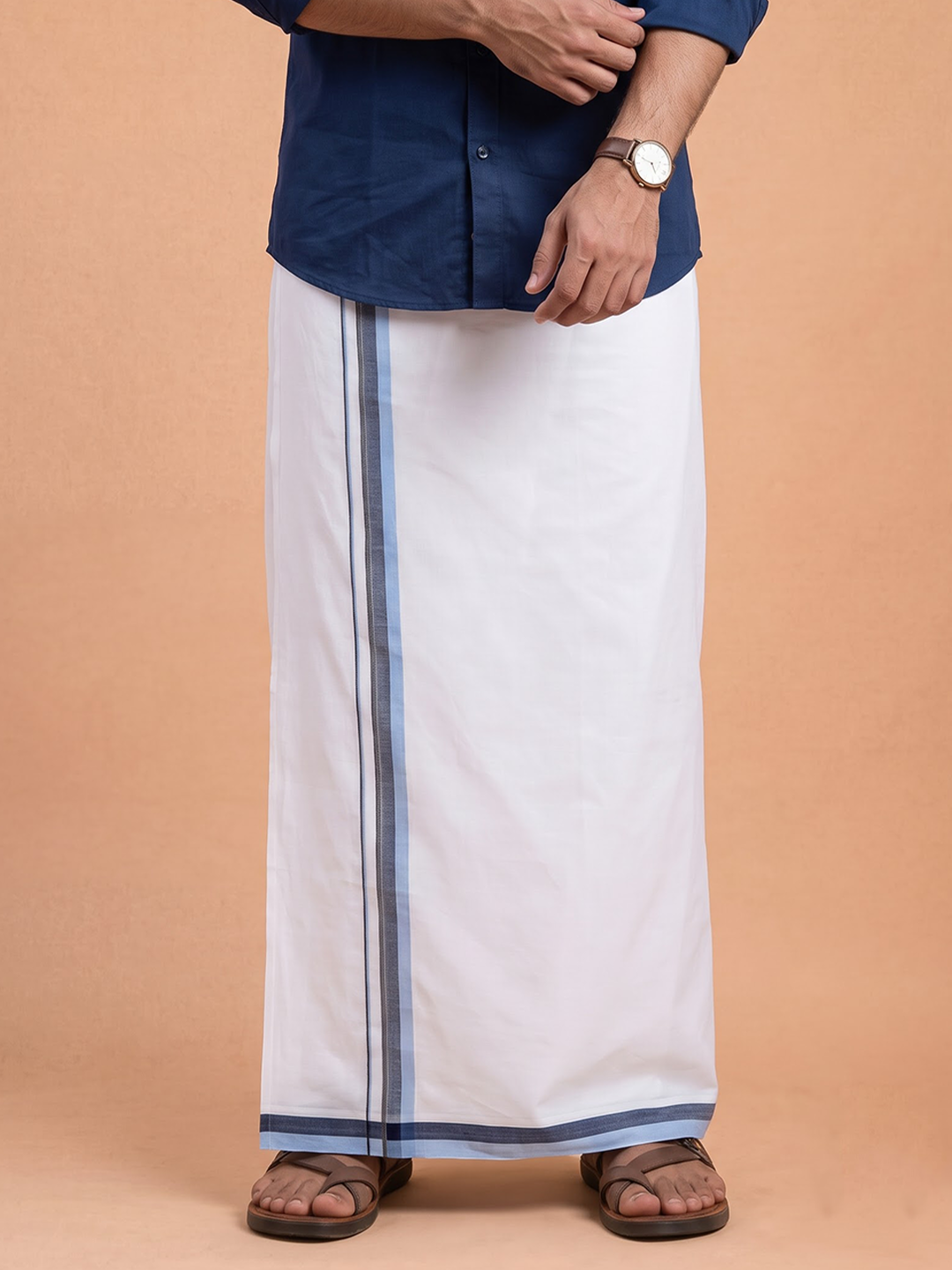 Double Layer 100% Cotton White Dhoti With Colour Jari Border - EJF27