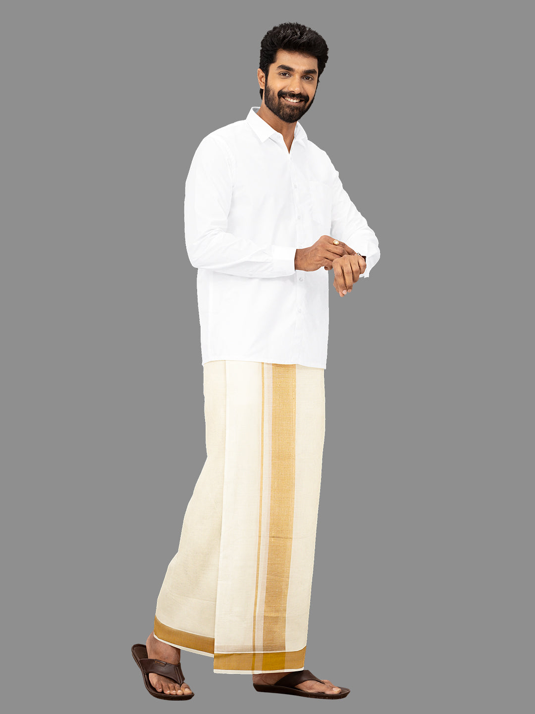 Mens Gold Fancy Border Kora Dhoti EGJ10