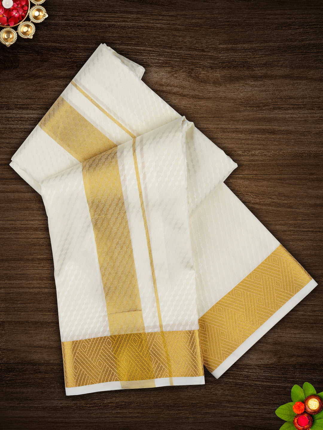 Mens Art Silk Zari Dhoti & Shirting Set Cream Mangalakara