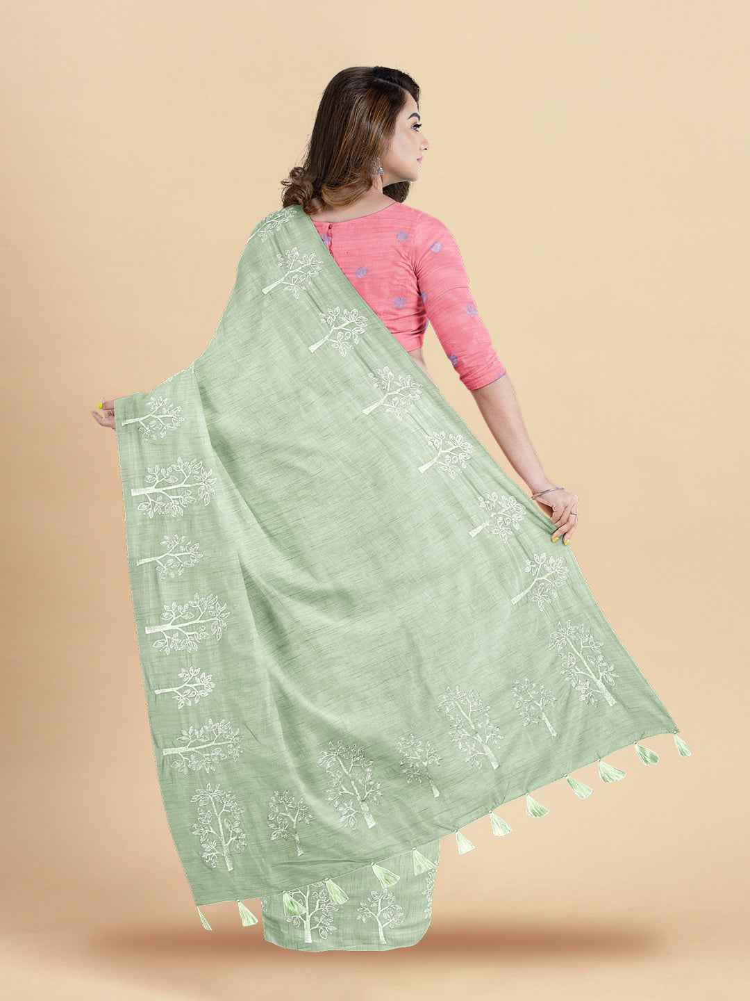 Womens Elegant Semi Tussar Printed Green Colour Embroidery Saree ST109