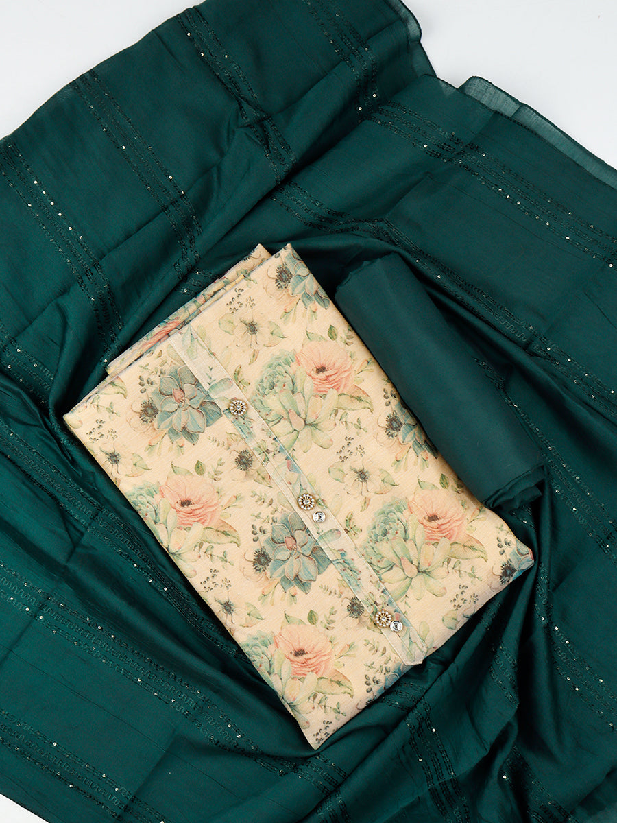 Women Sandal & Green Flower Digital Print Unstitched Semi Raw Silk Cotton Dress Material DM96