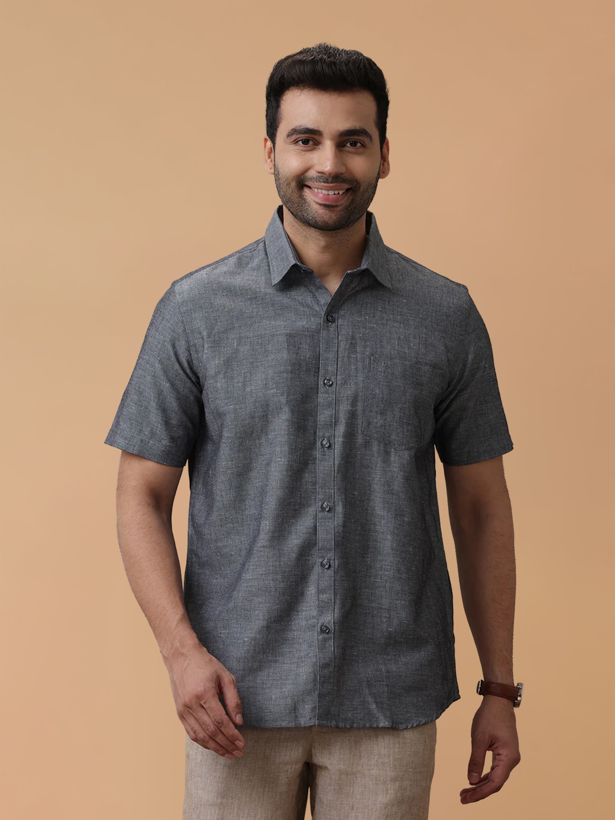 Linen Cotton Grey Regular Fit Shirt LF7