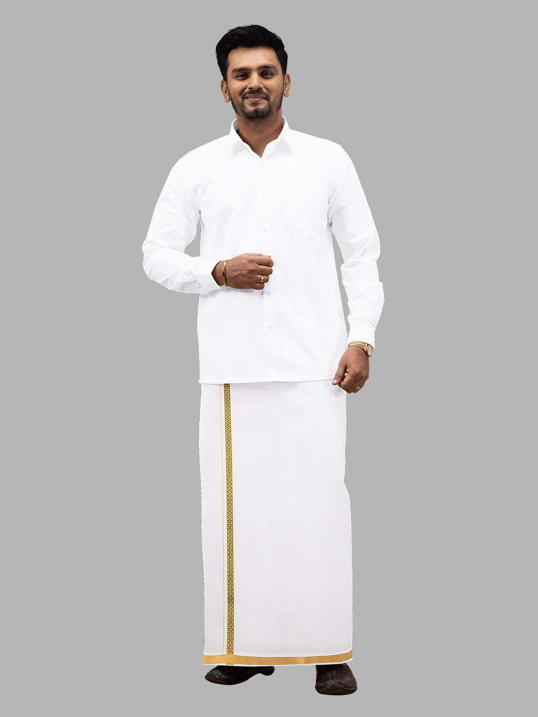 Men Cotton Blend Single Layer White Dhoti with Double Side Fancy Jari  Border GP03