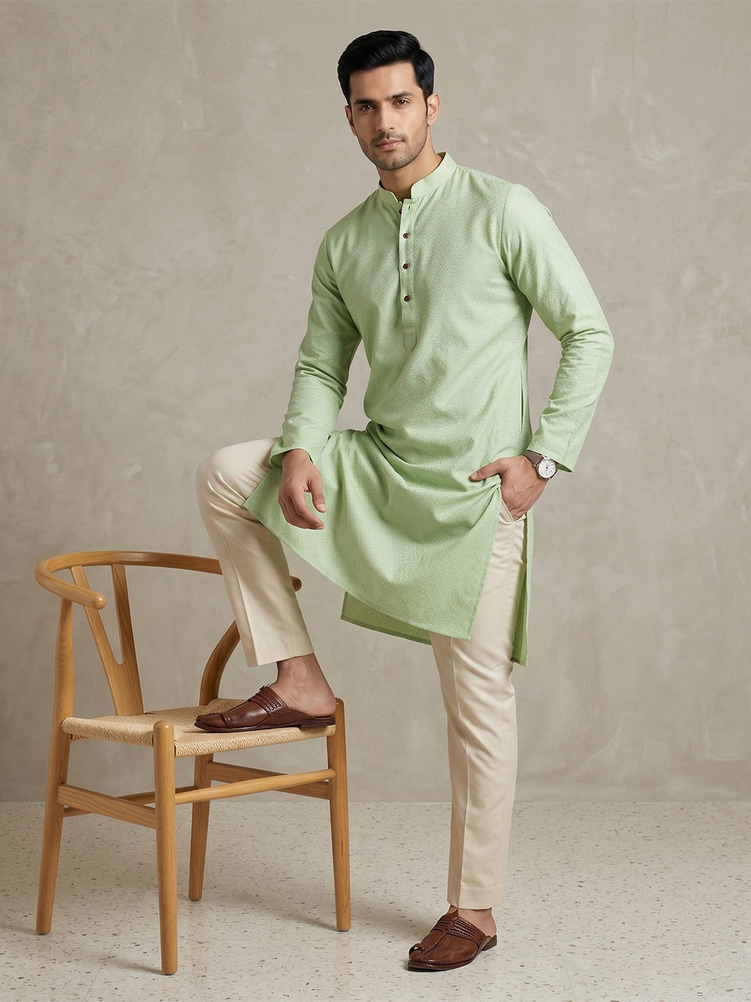 Men Cotton Medium Length Printed Pocket Kurta Mint Green MHJ4