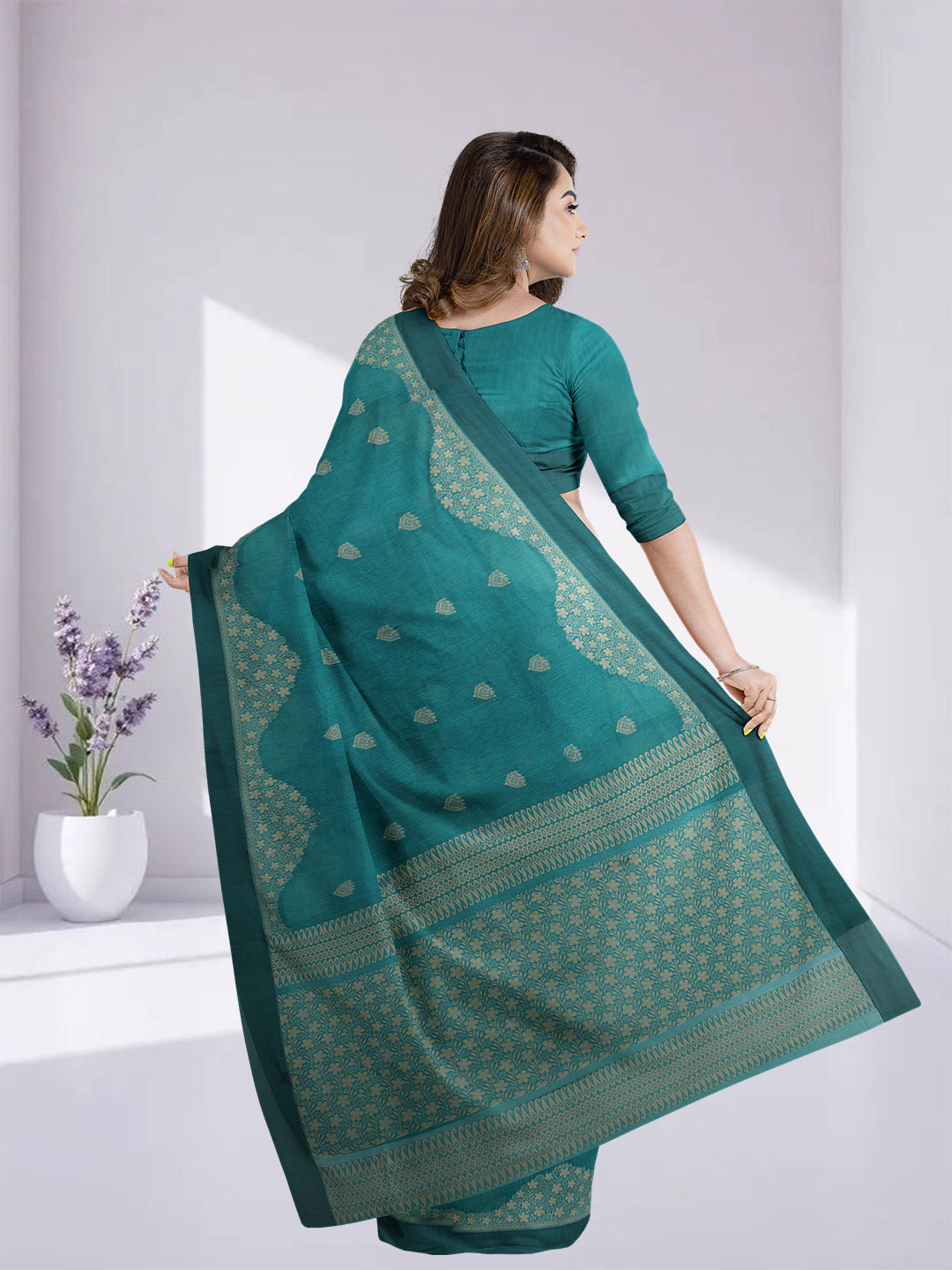 Women Cyan Blue Kora Cotton Saree PCS174