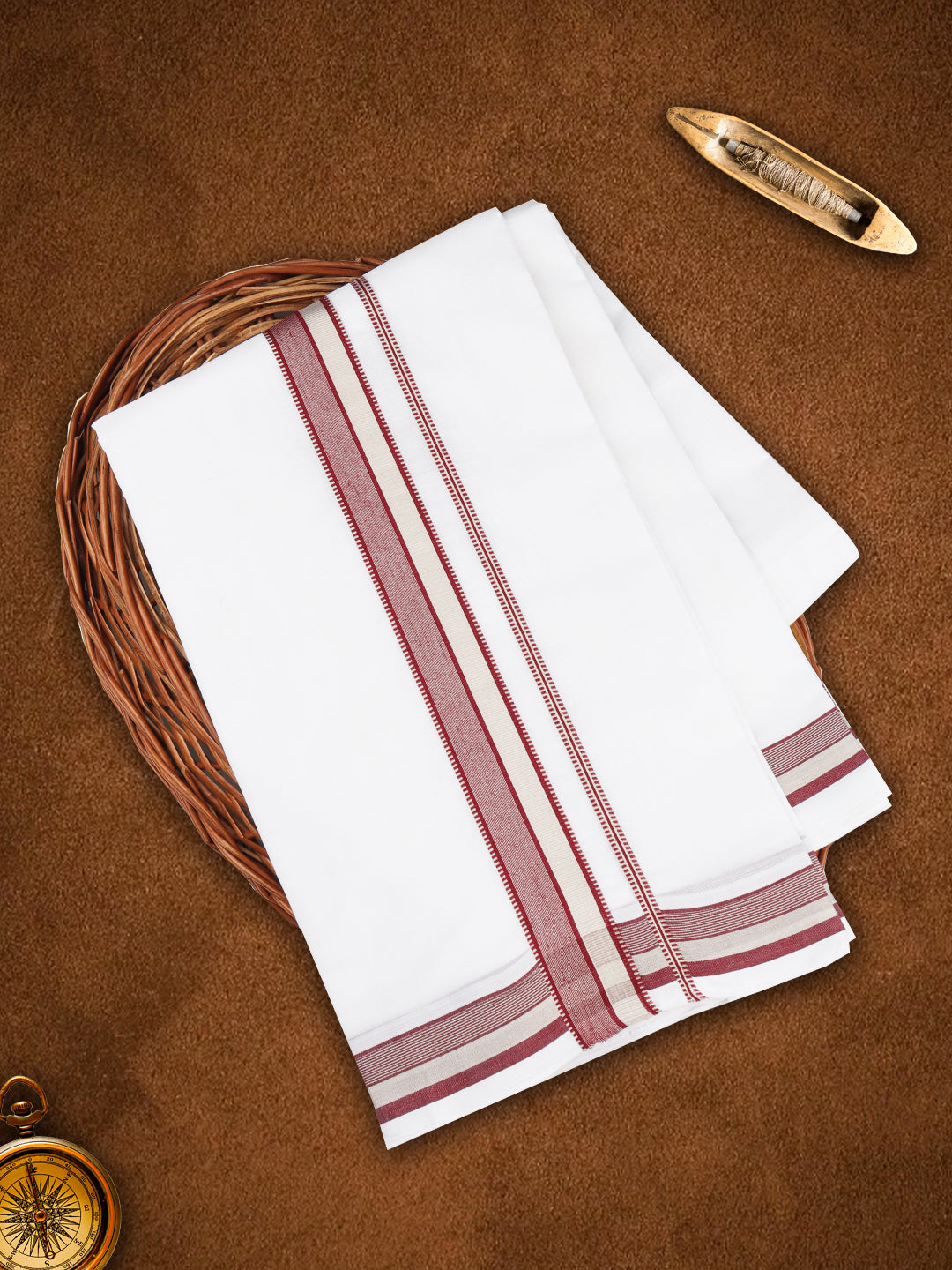 Men Premium Handloom Dhoti Maroon With Silver Fancy Border