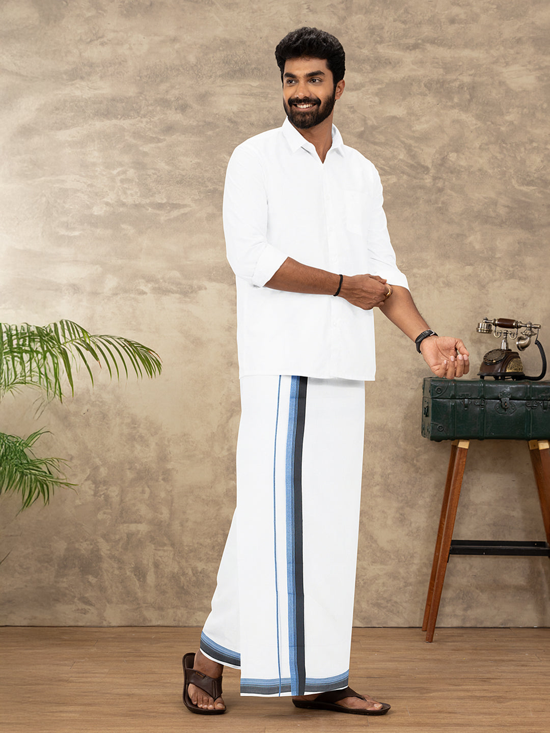 Men 100% Cotton Double Layer White Dhoti with Fancy Border EF04