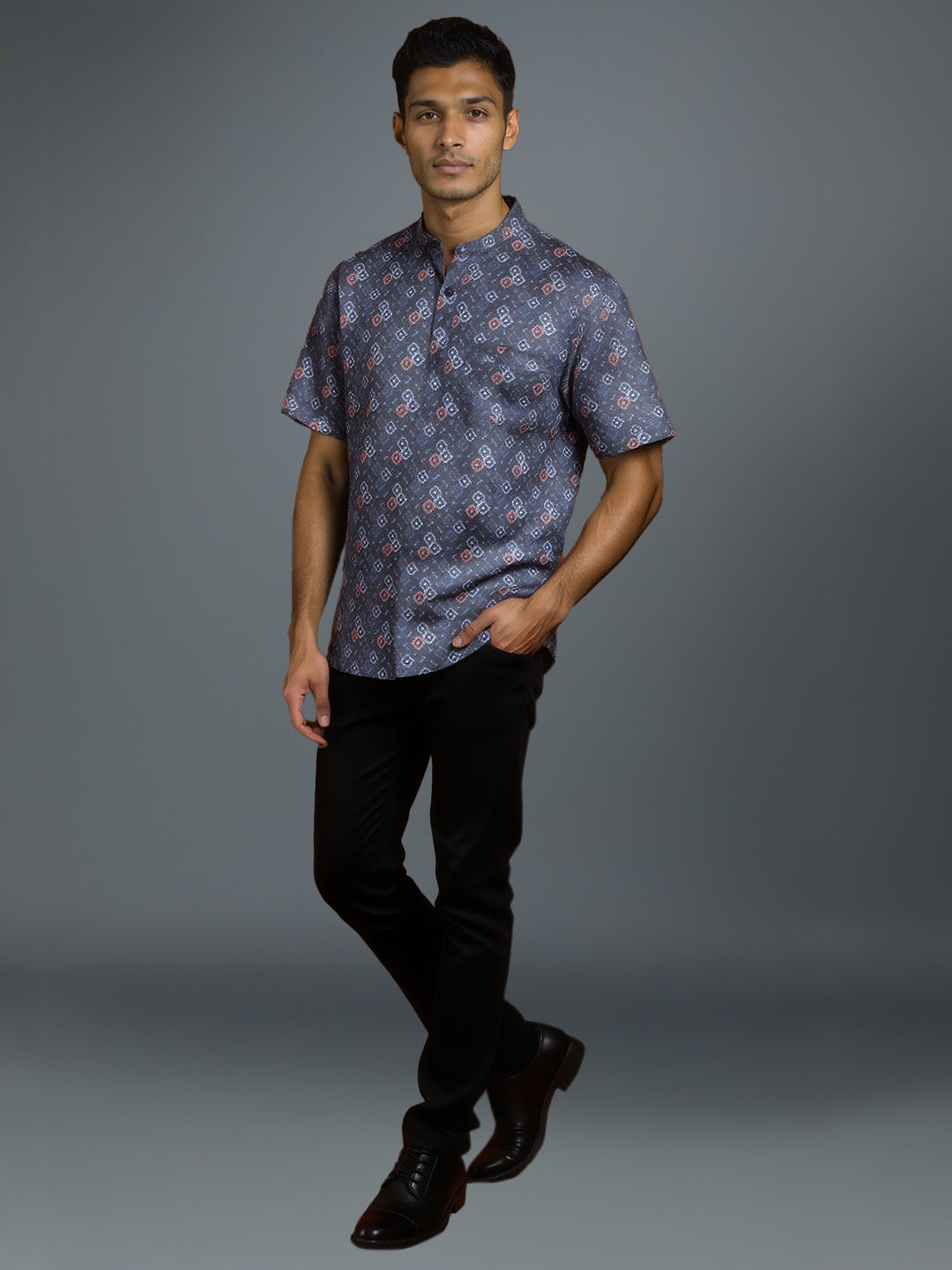 Men Cotton Short Length Printed Pocket Kurta Cadet Grey RI03