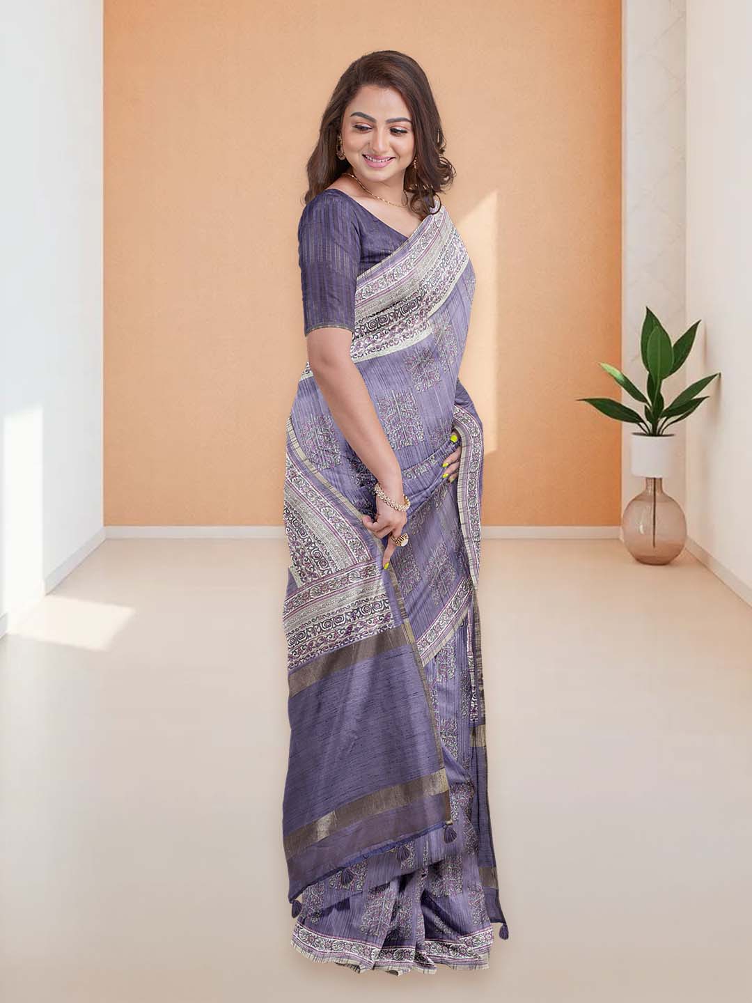 Women Violet Semi Tussar Printed Saree ST288