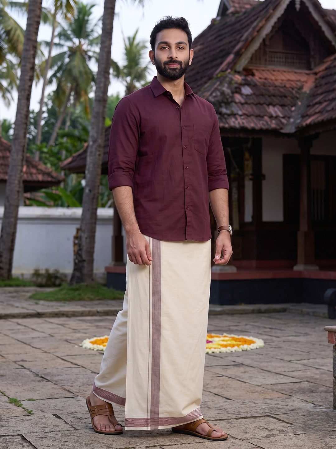 Double Layer Giza Cotton Cream Kora Dhoti with Colour Jari Border - LC37