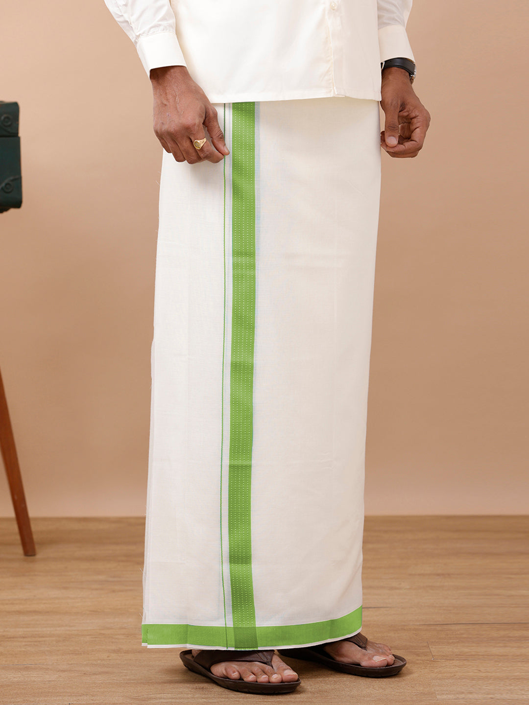 Men Green Fancy Border Double Layer Kora Dhoti VKF02