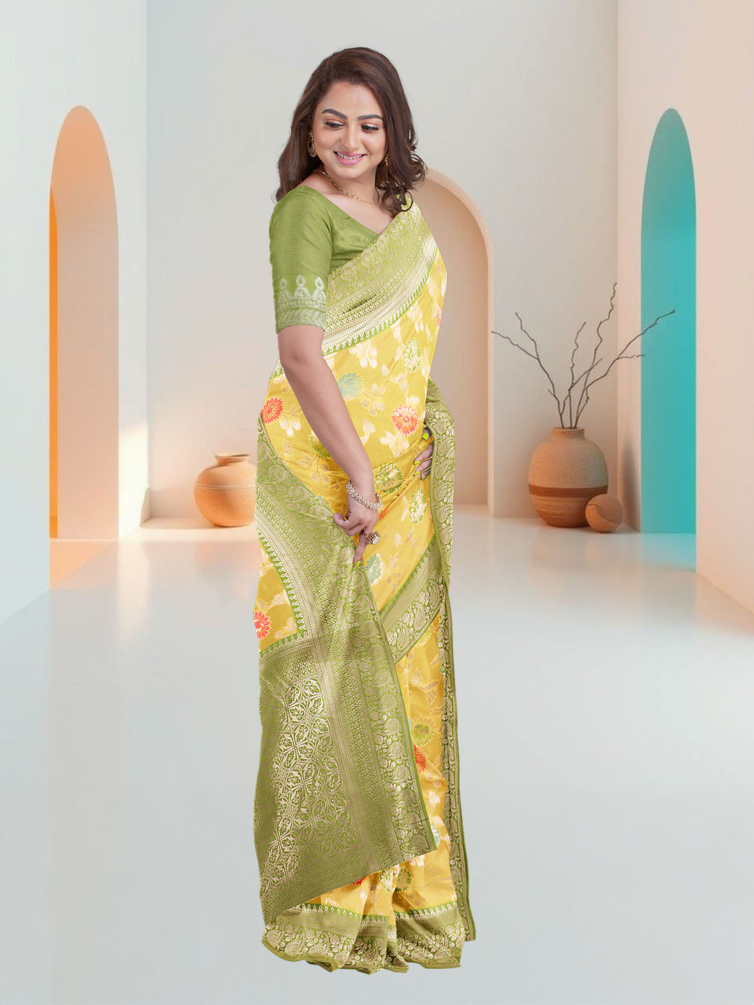 Women Yellow Art Silk Printed Saree ASS85