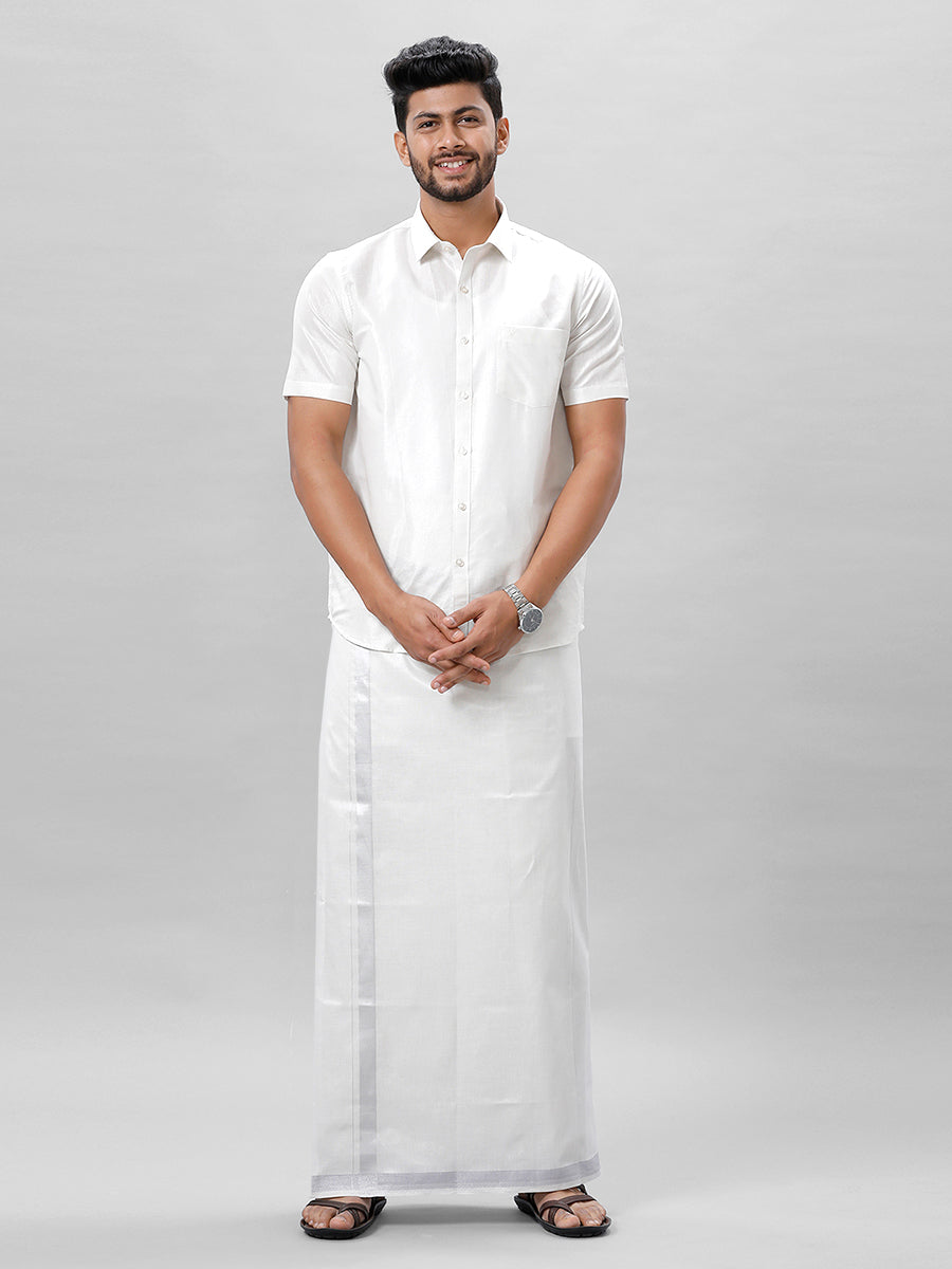 Mens Silver Tissue Half Sleeve Shirt with Matching Readymade Single Dhoti Combo