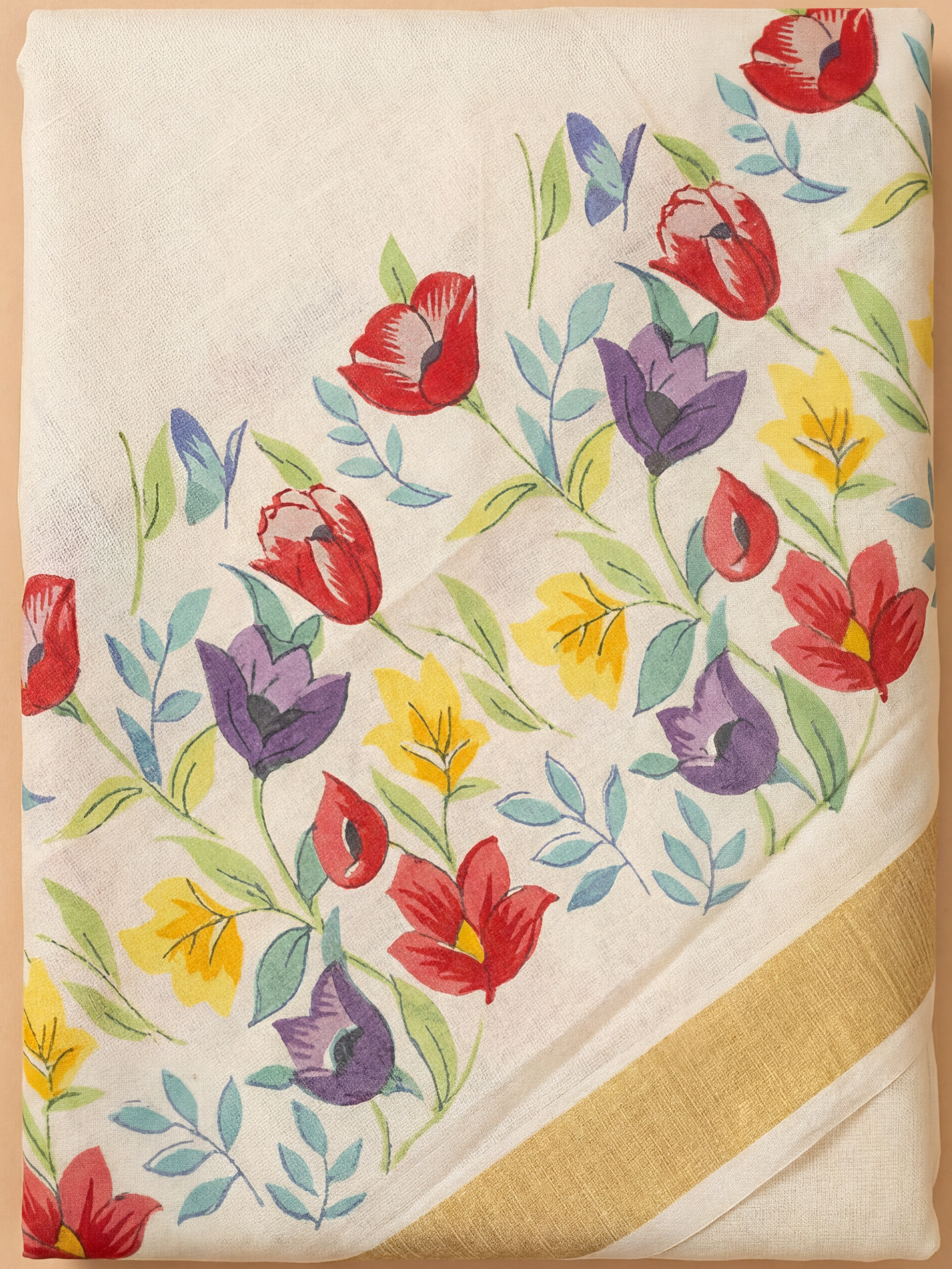 Women Kora Cotton Cream Printed Kerala Saree KLS13