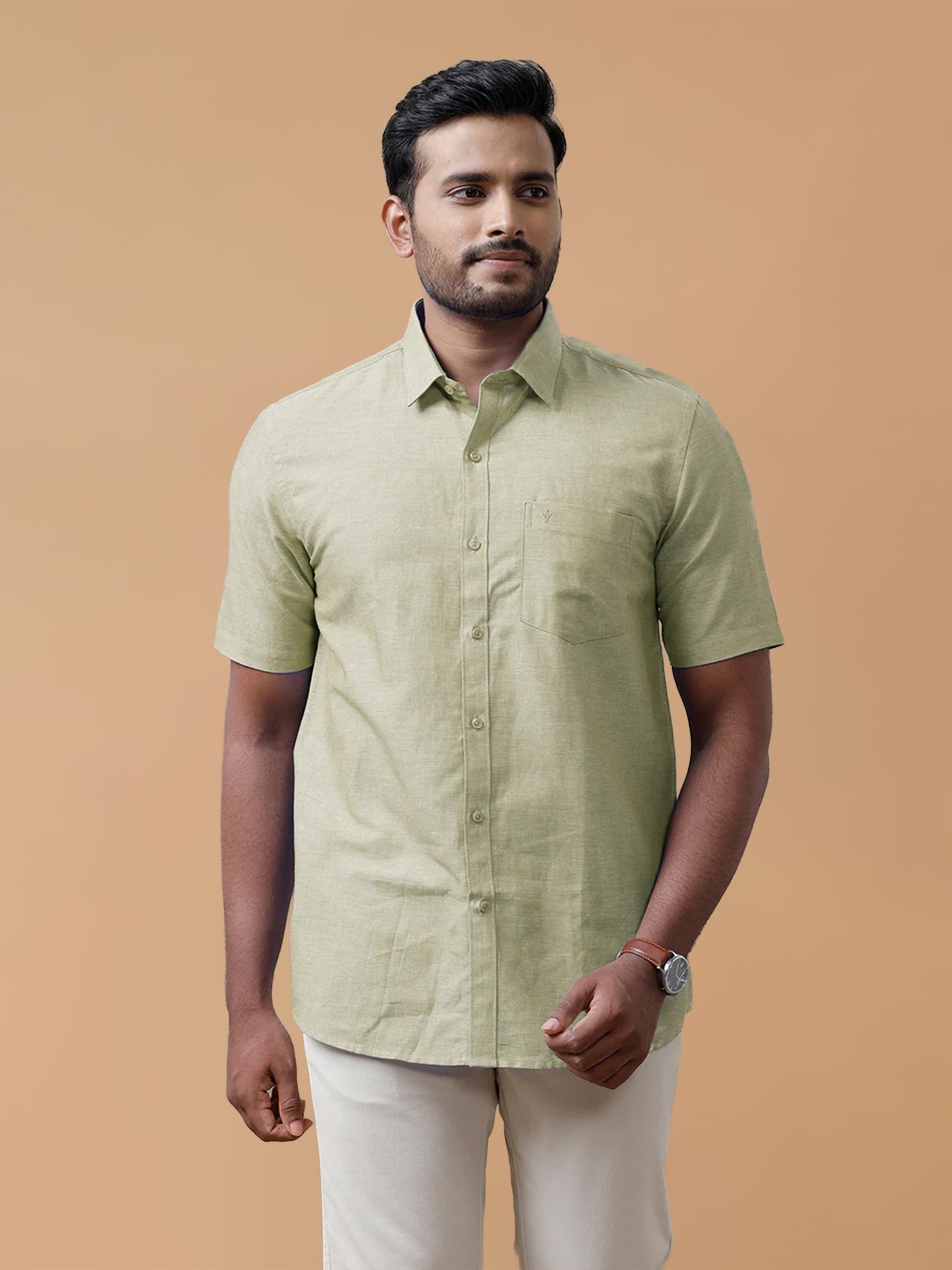 Linen Cotton Olive Green Regular Fit Shirt LF25