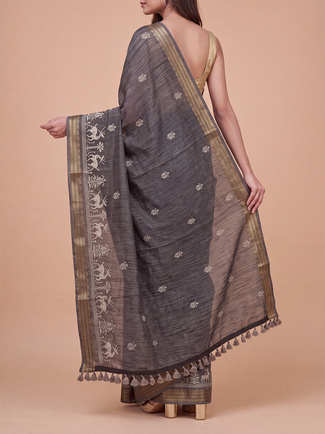 Women Semi Linen Dark Grey Embroidered Saree SL272