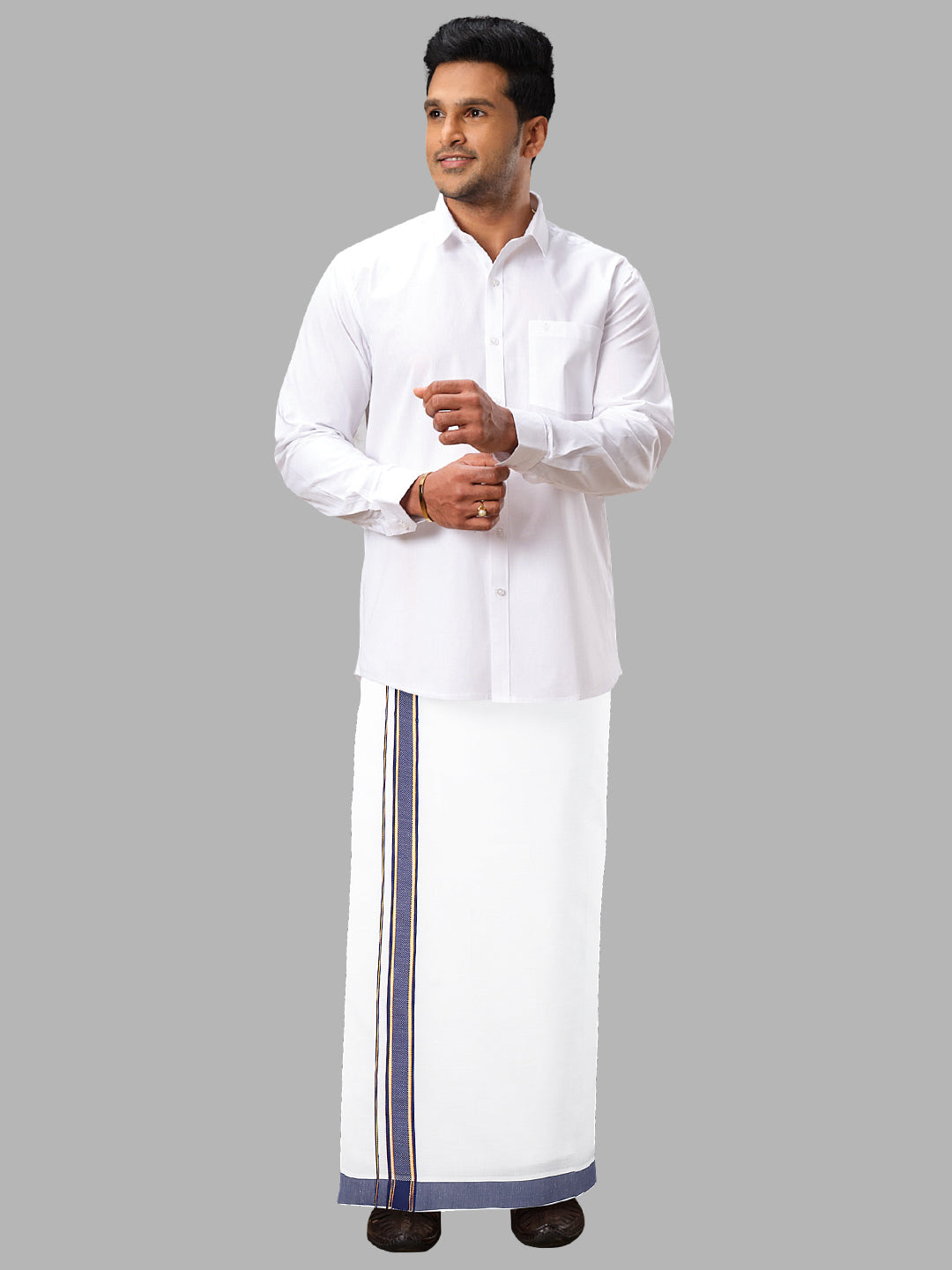 Men Blue Adjustable Pocket Dhoti with Fancy Border GACJ26