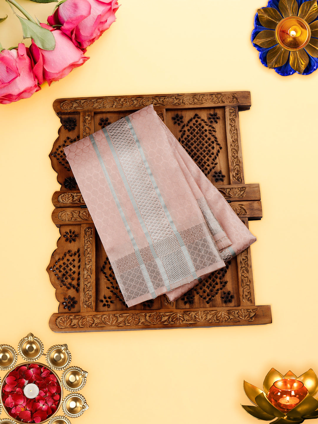 Premium Pure Silk Copper Dhoti with 3" Silver Jari Border Upasana