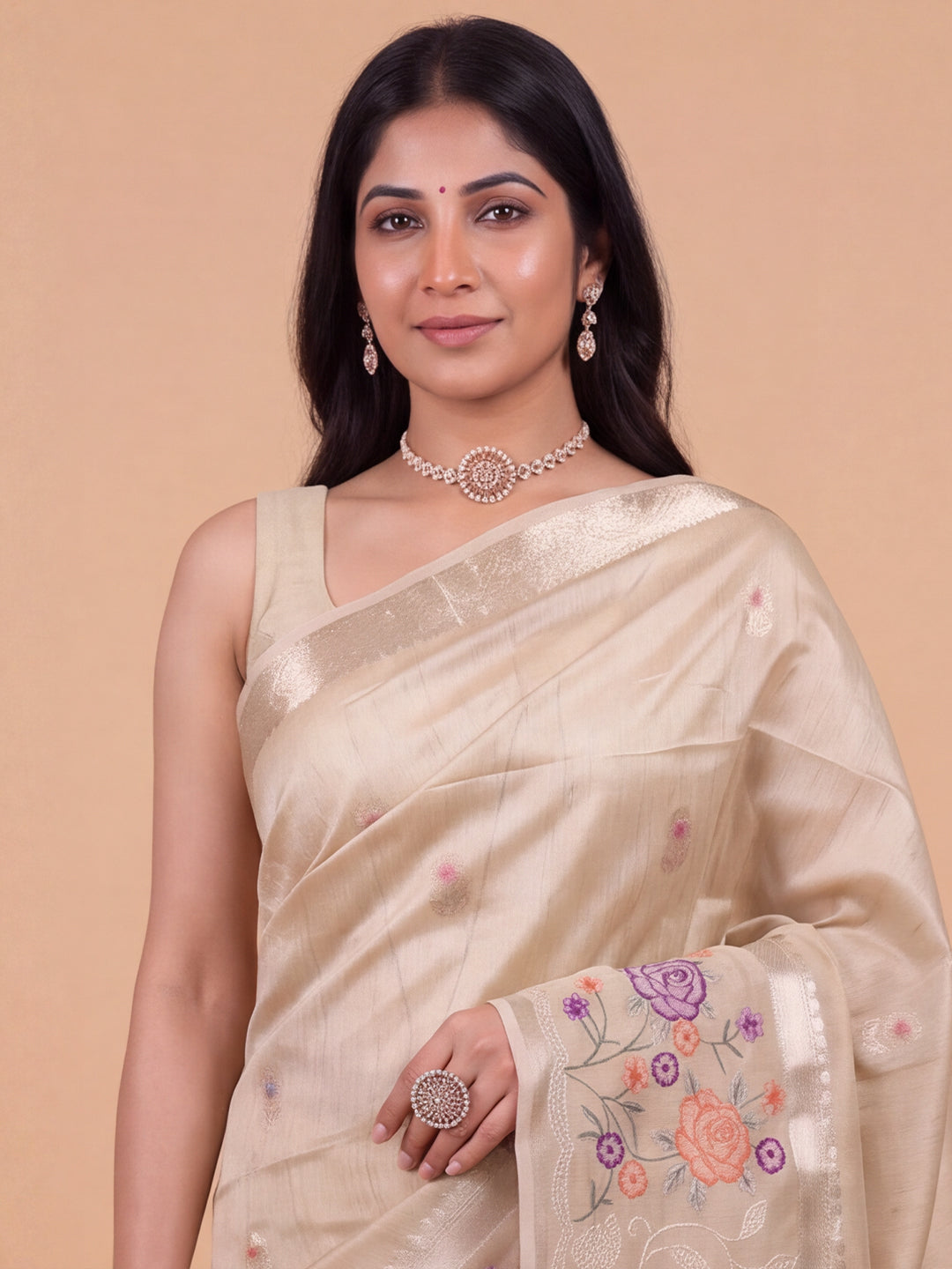 Women Spun Poly Light Brown Fancy Printed Saree FS03
