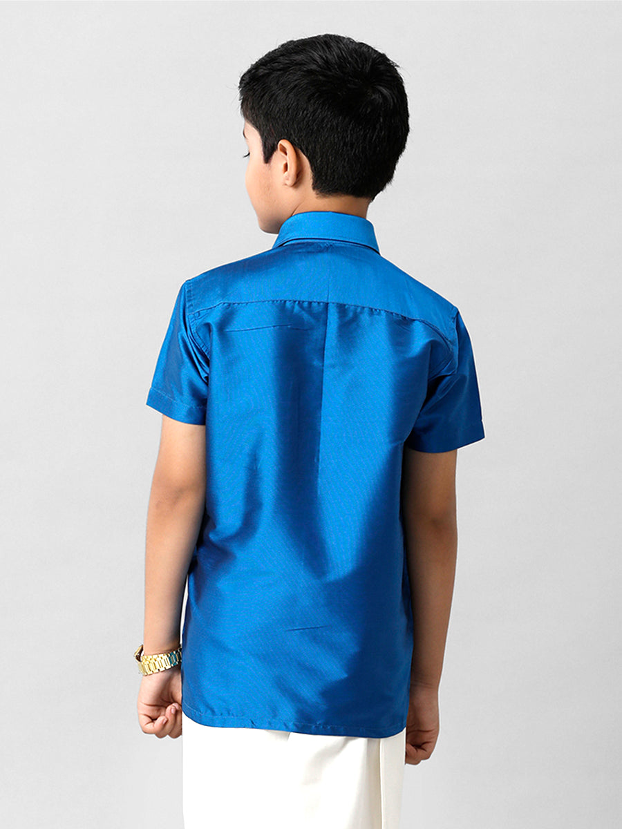 Boys Silk Cotton Royal Blue Half Sleeves Shirt K10-Bck view