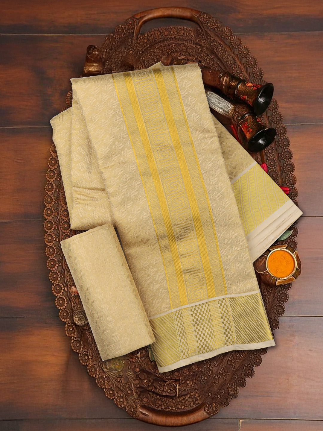 Men Art Silk Jari Dhoti & Shirting Set Gold Brahmotsavam B12(3*1)