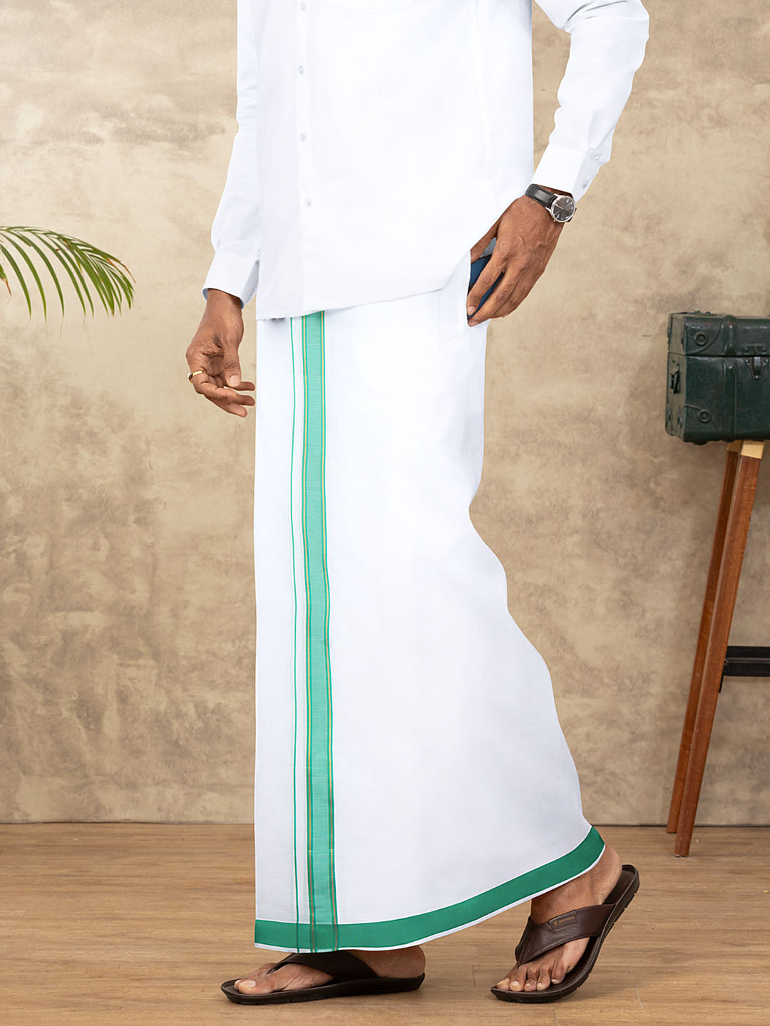 Men Cotton Blend Readymade Double Layer White Dhoti with Fancy Jari Border GFDA07