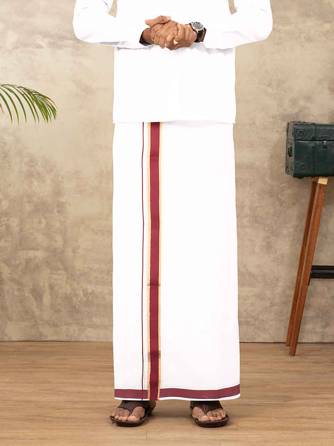 Men Cotton Blend Double Layer White Dhoti with Fancy Jari Border VGF01