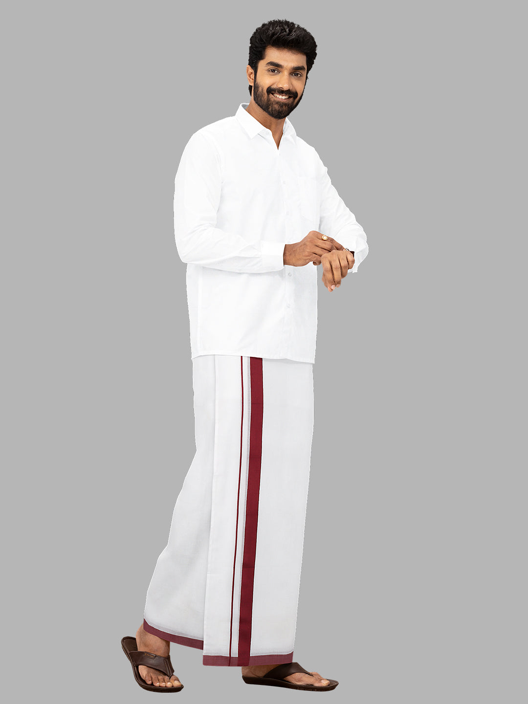 Men Maroon Fancy Border Double Layer White Dhoti SSS03