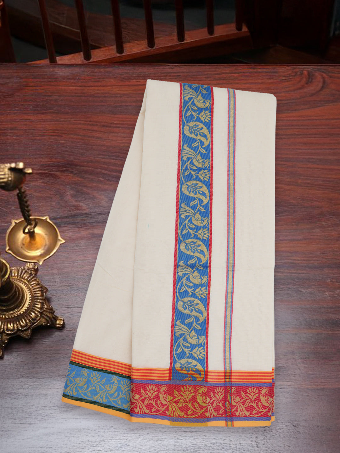 Men Kora Cotton Fancy Jari Border Panchakacham with Angavasthram Cream(9+5)