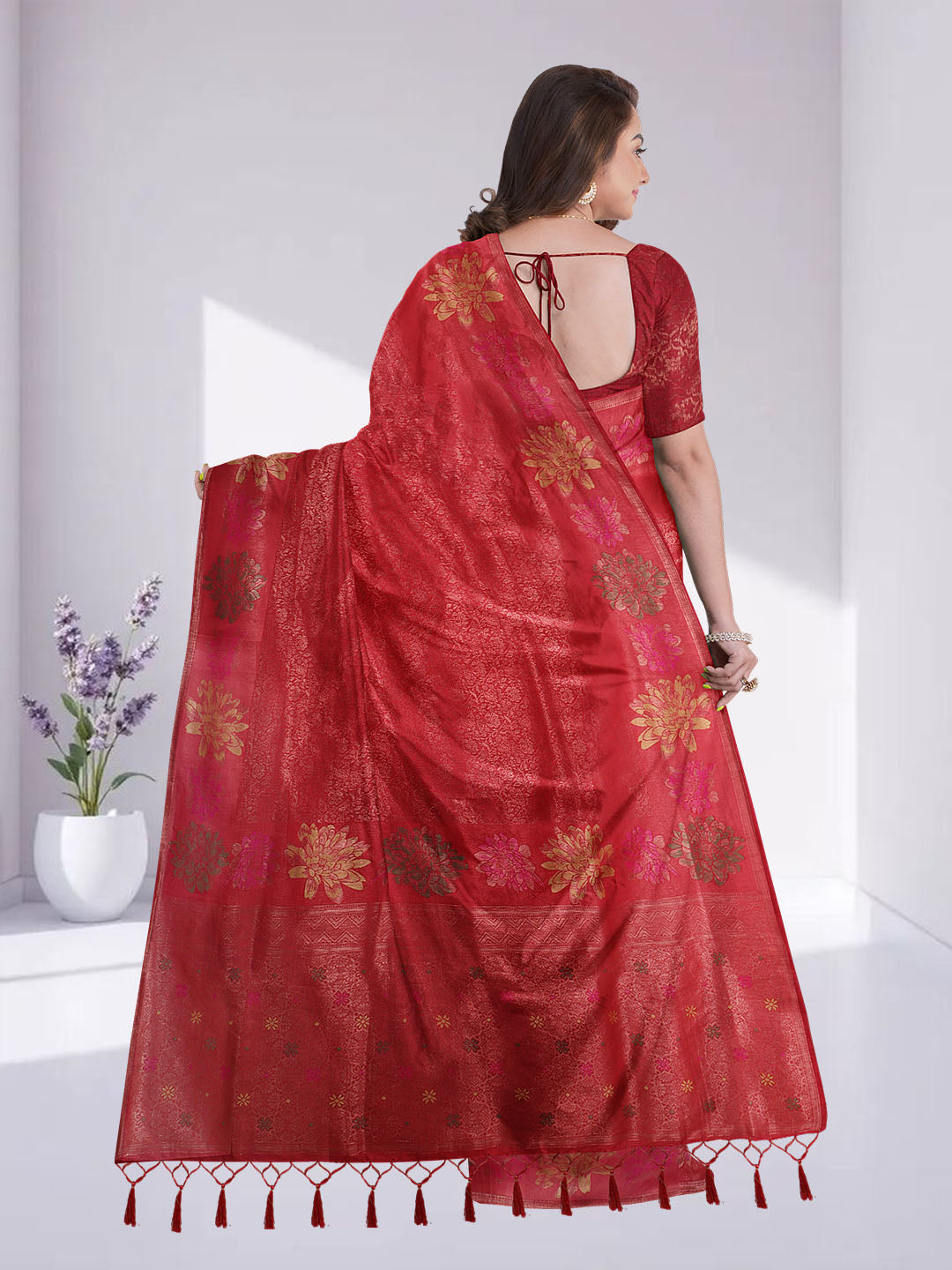 Women Red Semi Mysore Silk Saree SS375