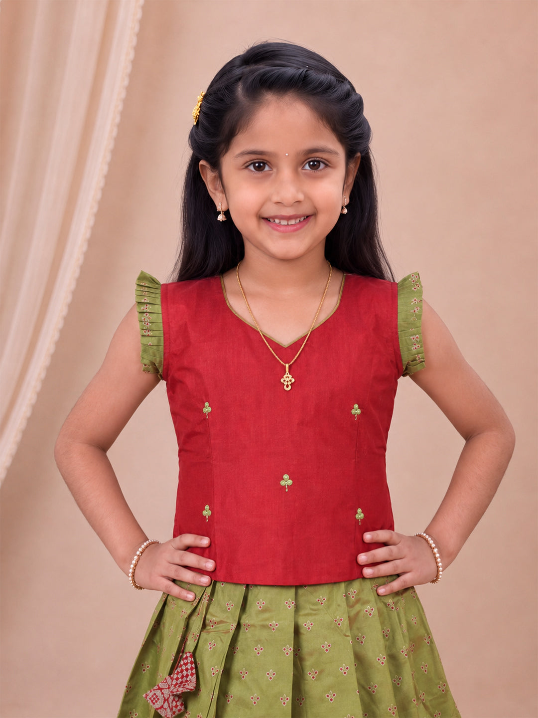 Girls Art Silk Maroon with Green Pattu Pavadai Set GPS65