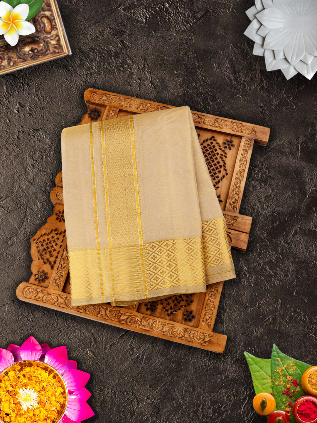 Pure Silk Embossed Tissue 3" Gold Jari Border Dhoti With Towel Thirukalyan (9+5)-View one