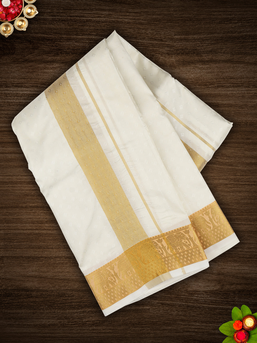 Mens Art Silk Zari Dhoti & Shirting Set Cream Mangalakara