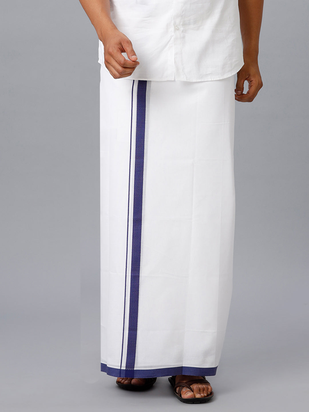 Mens Cotton White Double Dhoti with Navy Border Anchor Fancy\
