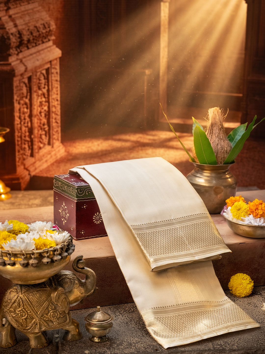 Premium Pure Silk Gold 4" Jari Border Plain Dhoti - Kalasam