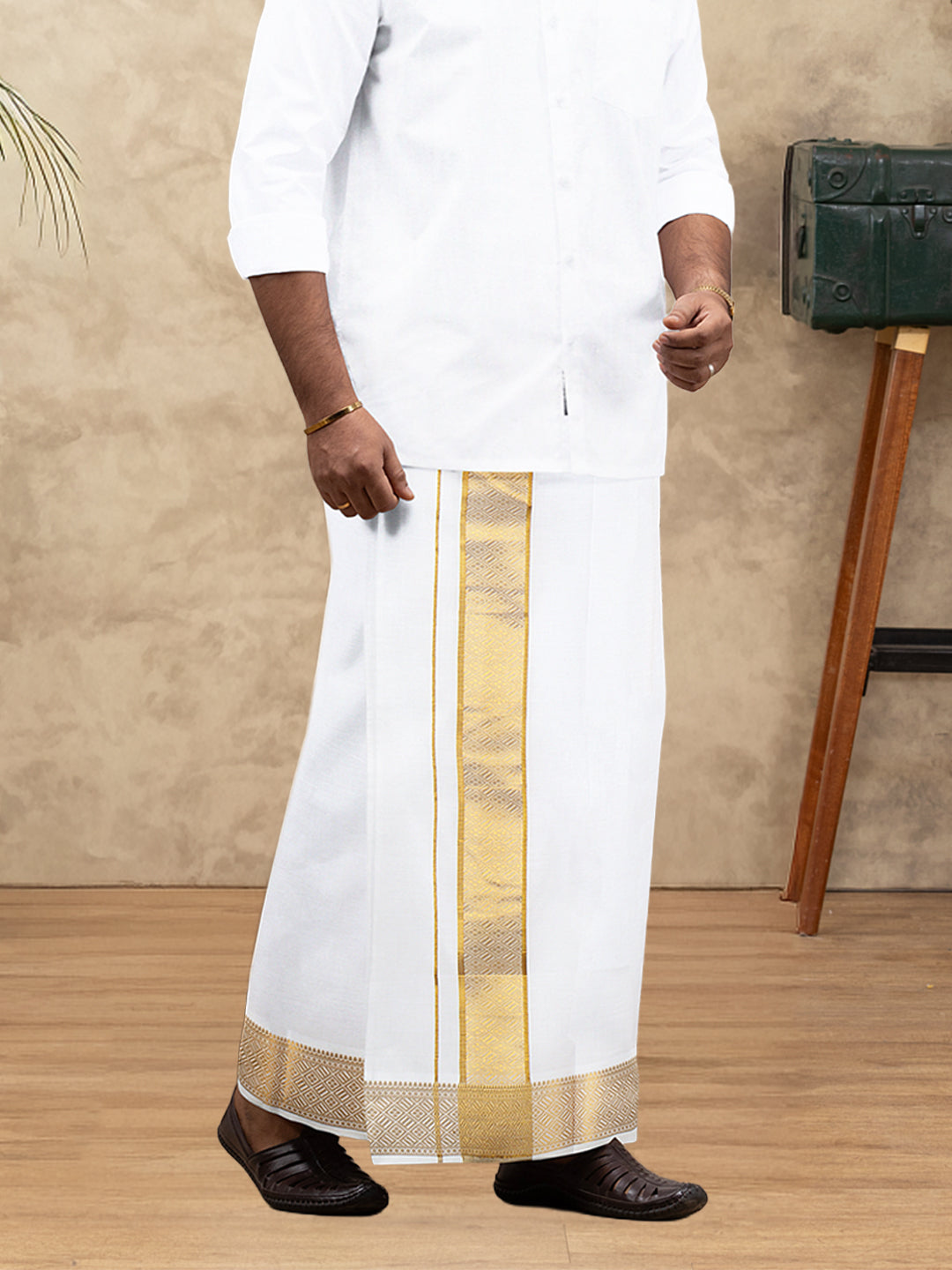 Men 100% Cotton Single Layer White Dhoti with Gold Jari Border Aura 336