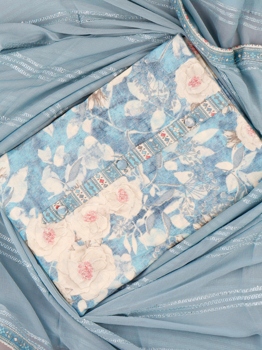 Women Blue with Cream Colour Flower Digital Print Unstitched Tissue Cotton Dress Material DM131