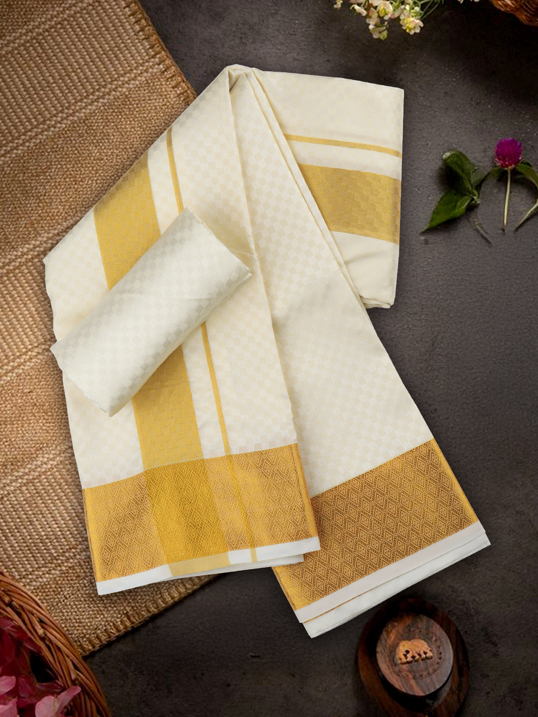 Men Art Silk Gold Jari Dhoti & Shirting Cream Mangalakara Set 140k (2 in 1)