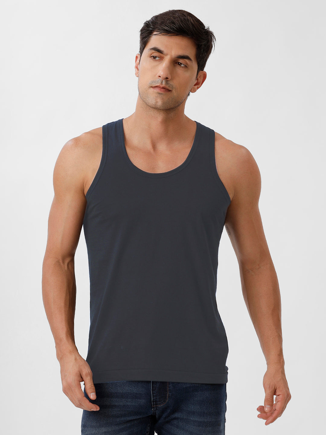 Men 100% Combed Cotton Elipson Grey Vest RN Sukra (Pack of 2)