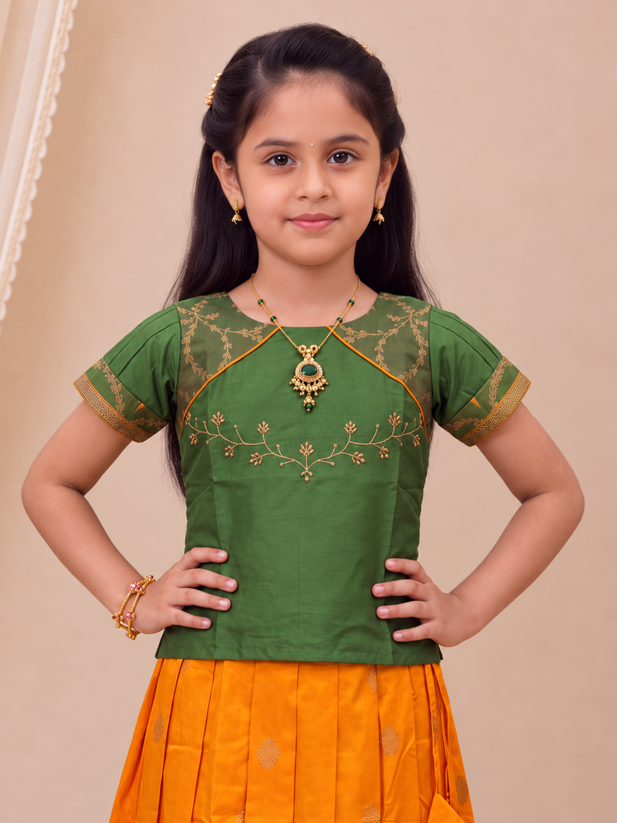 Girls Art Silk Green with Yellow Pattu Pavadai Set GPS79